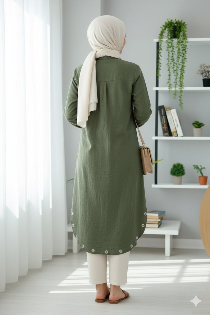 Uzun Kol Düğmeli Keten Kadın Tunik - Görsel 2