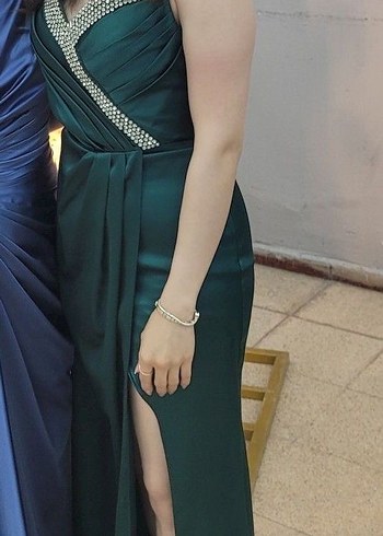 Petrol Yeşili Yaka Uzun Abiye Elbise - Görsel 2