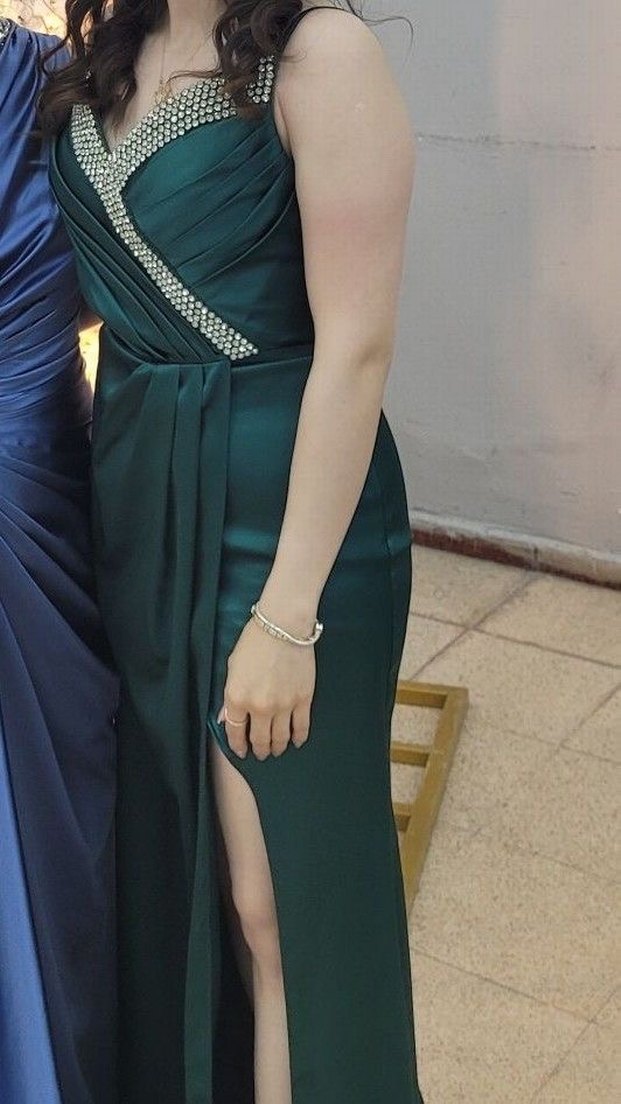 Petrol Yeşili Yaka Uzun Abiye Elbise - Görsel 2