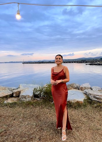 Kahve Saten Uzun Drapeli Elbise - Görsel 2