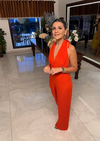 Parlak Kırmızı V Yakalı Midi Kadın Elbise - Görsel 5