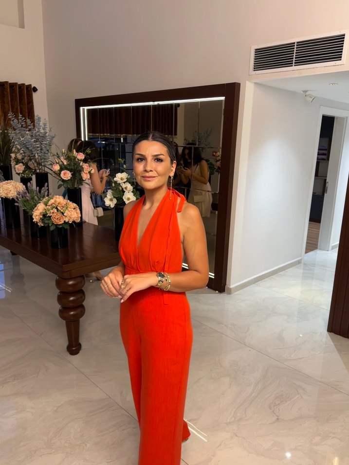 Parlak Kırmızı V Yakalı Midi Kadın Elbise - Görsel 4