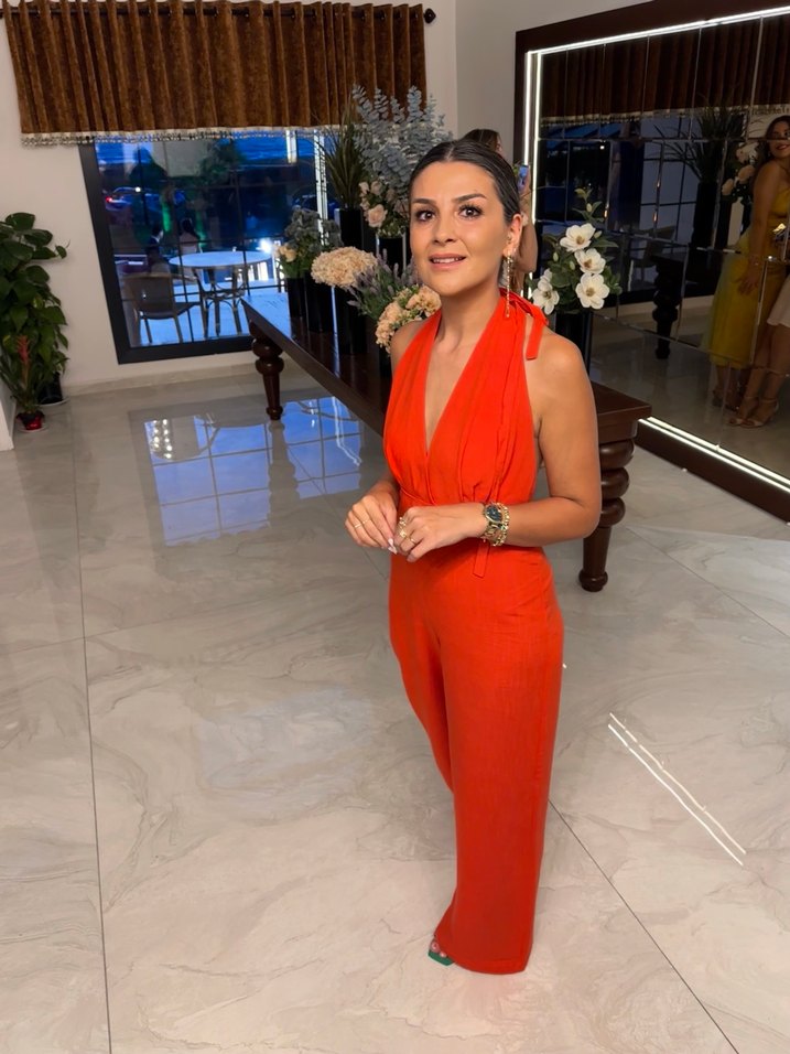 Parlak Kırmızı V Yakalı Midi Kadın Elbise - Görsel 5