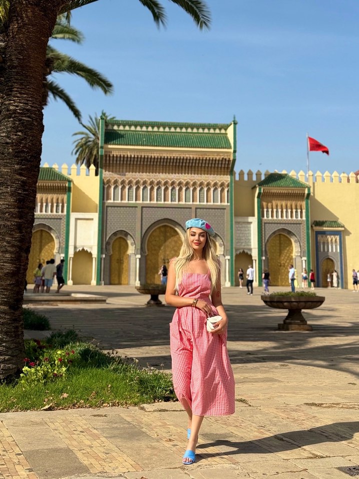 Pembe Kareli Uzun Askılı Elbise - Görsel 5