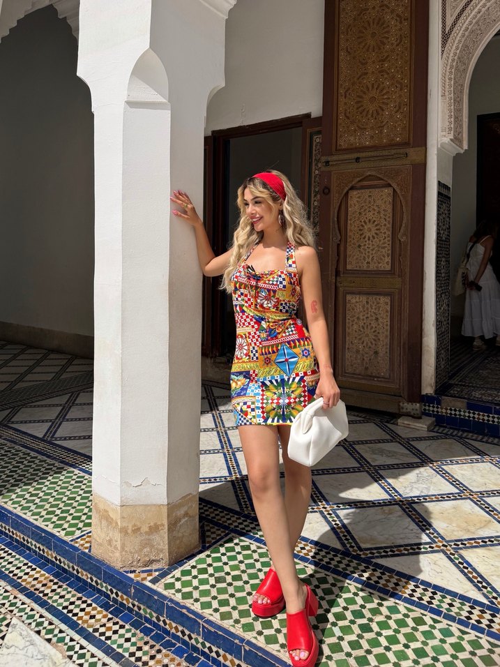 Renkli Straplez Mini Elbise - Görsel 3