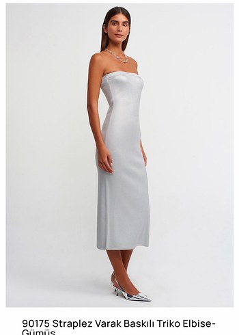 metalik Straplez Gri Uzun Elbise - Görsel 9