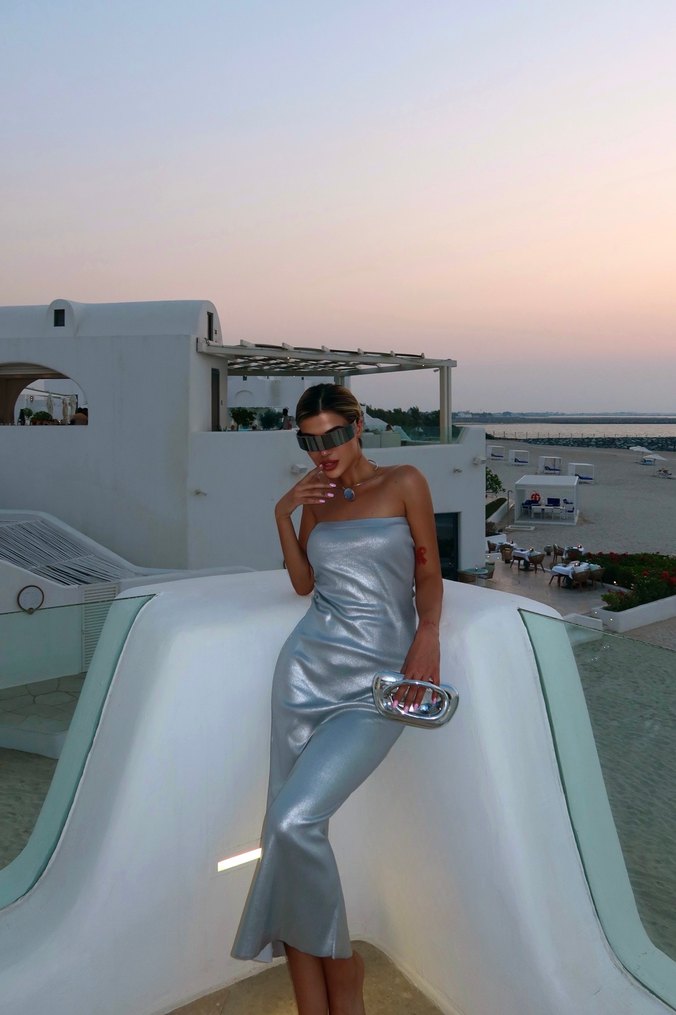 metalik Straplez Gri Uzun Elbise - Görsel 4