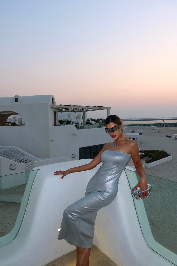 metalik Straplez Gri Uzun Elbise - Görsel 5