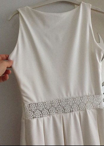 V Yaka Midi Beyaz Bohem elbise - Görsel 5