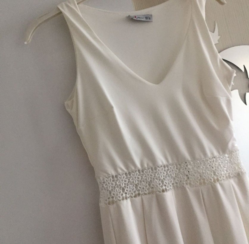 V Yaka Midi Beyaz Bohem elbise - Görsel 2