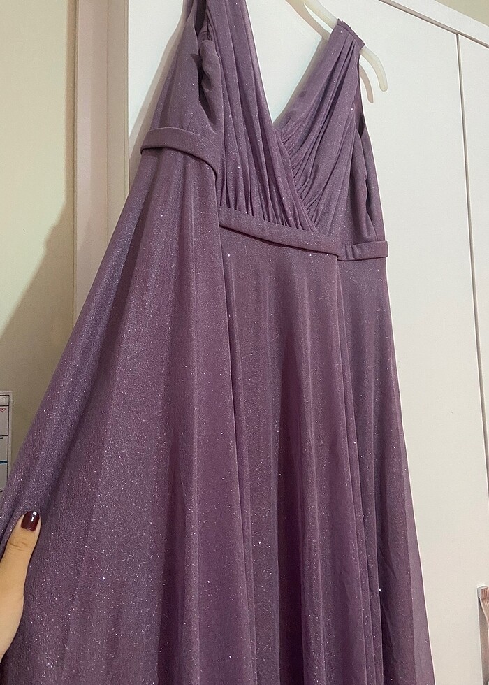 Simli kruvaze yaka lila abiye - Görsel 2