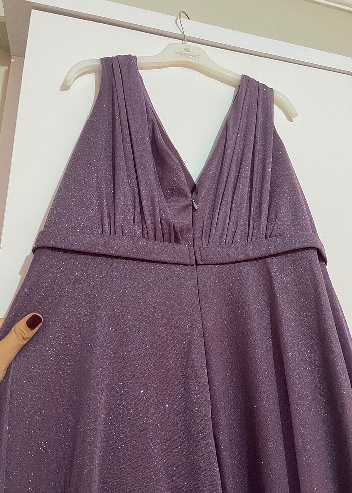 Simli kruvaze yaka lila abiye - Görsel 4