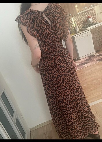 m Beden Leopar uzun elbise