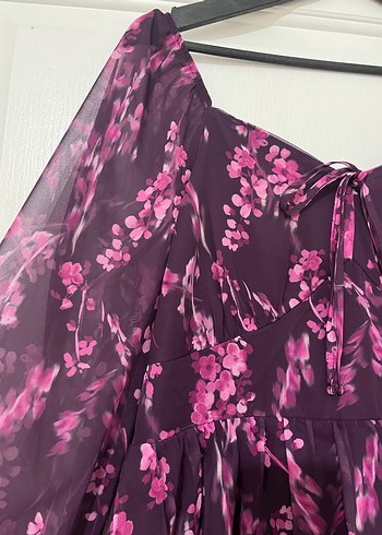 Mor Midi Elbise, Fırfırlı, V Yaka, Askılı Kol - Görsel 2