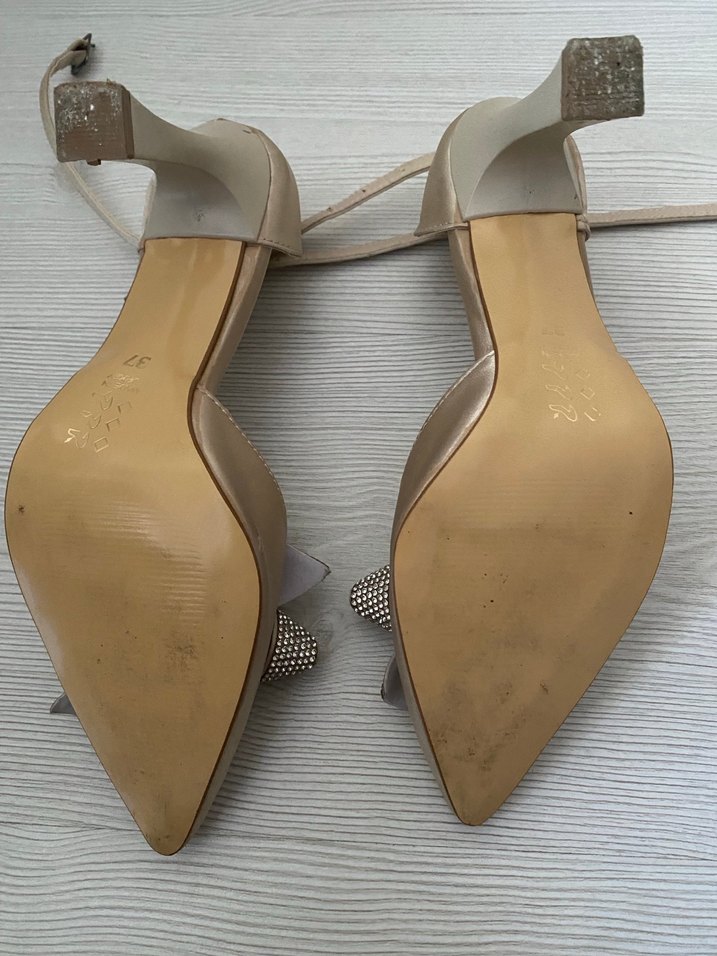 Saten Bej Yüksek Topuklu Kadın Abiye Ayakkabı - Görsel 4