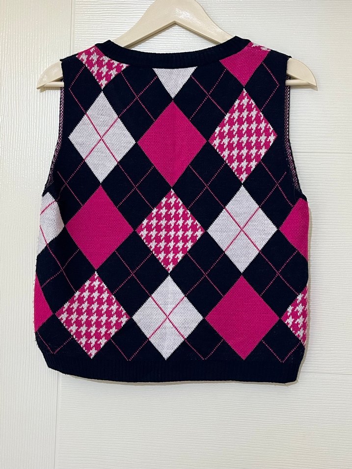 Pembe Ekose Desenli V Yaka Triko Süveter - Görsel 2