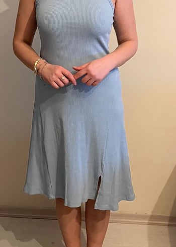 Mavi Uzun Kolluksuz Yüksek Yakalı Elbise - Görsel 4