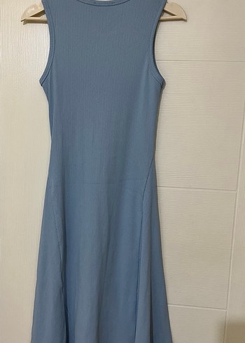 Mavi Uzun Kolluksuz Yüksek Yakalı Elbise - Görsel 2