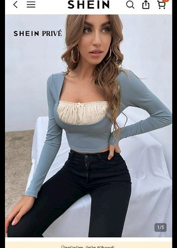 Sheinside Shein Prive Krem Detayli Mavi Uzun Kollu Bluz