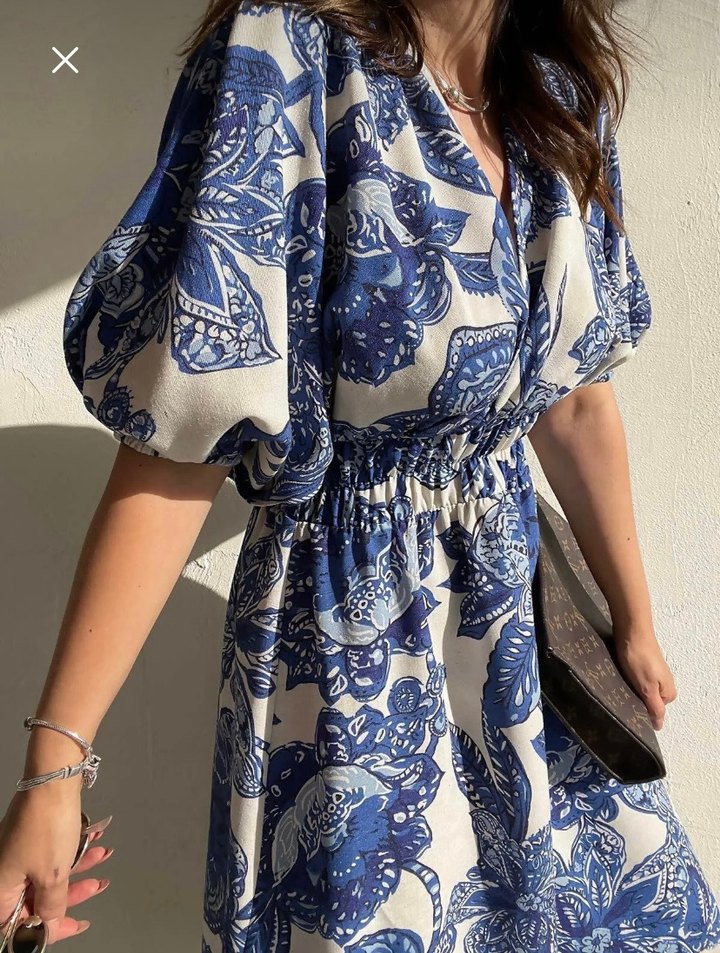 Mavi Desenli V Yaka Uzun Keten Elbise - Görsel 3