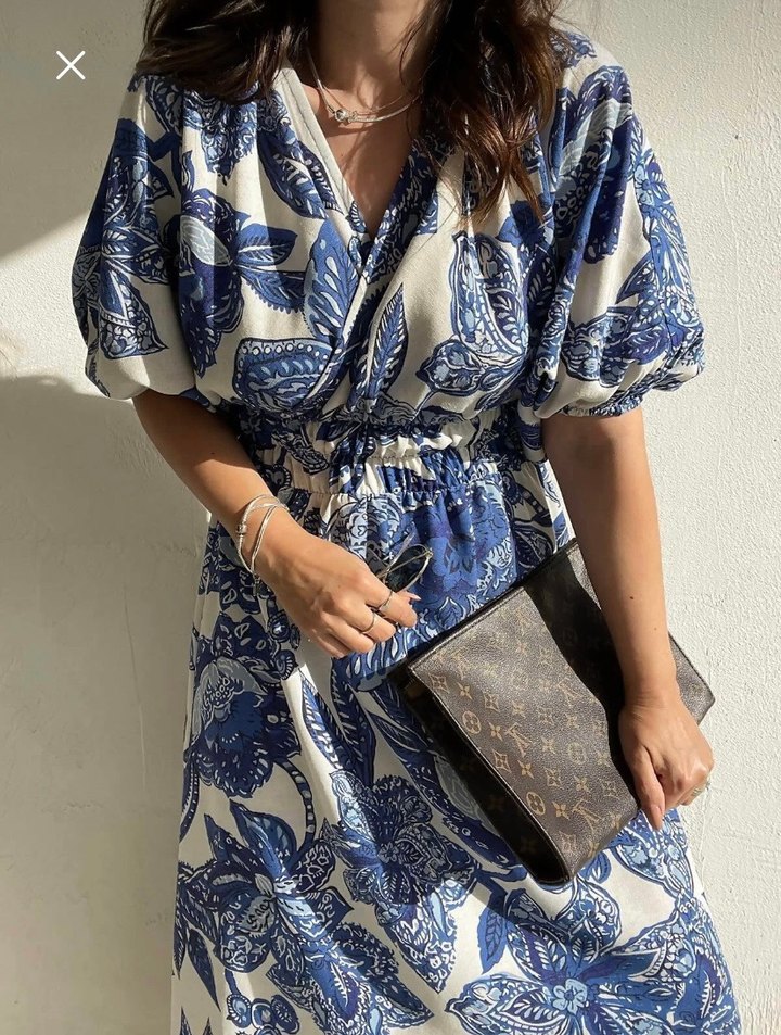 Mavi Desenli V Yaka Uzun Keten Elbise - Görsel 2