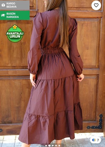 Uzun Kollu Kahverengi Nakışlı Bohem Elbise - Görsel 3