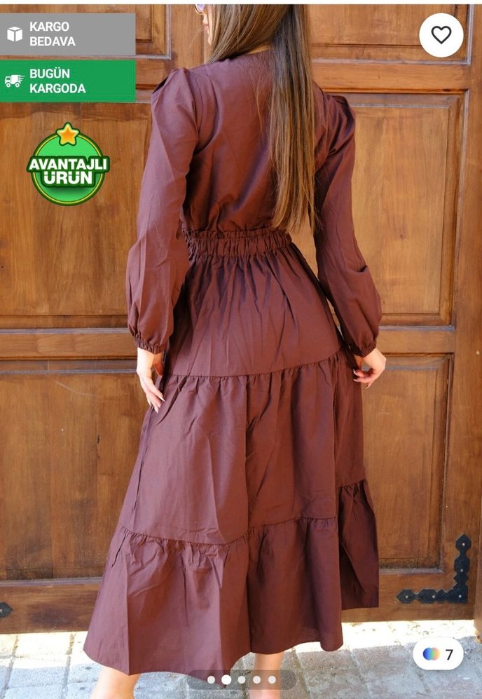 Uzun Kollu Kahverengi Nakışlı Bohem Elbise - Görsel 3