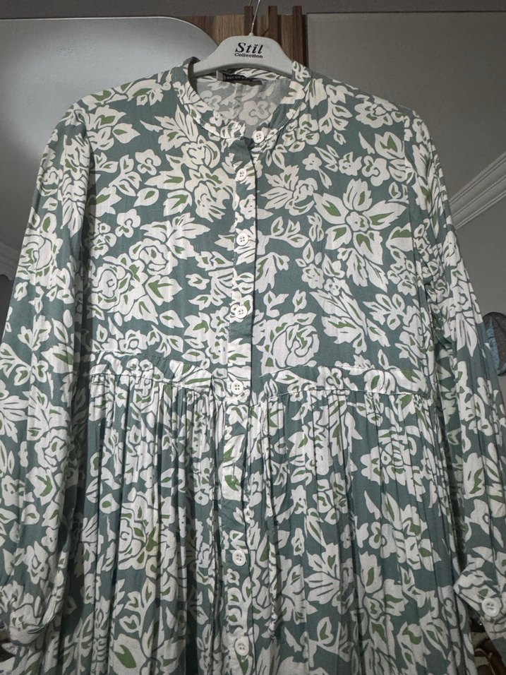 Uzun Kollu Yeşil Bohem Pamuk Elbise - Görsel 2