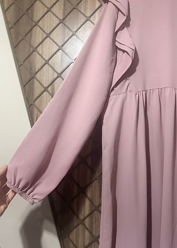 Pudra Uzun Kollu Fırfırlı Kadın Elbise - Görsel 4