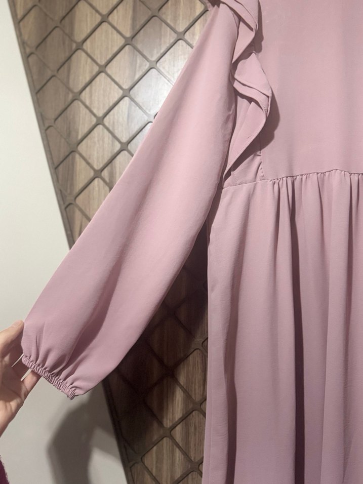 Pudra Uzun Kollu Fırfırlı Kadın Elbise - Görsel 4