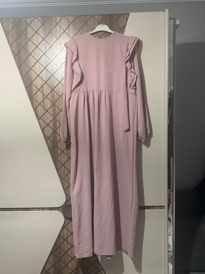 Pudra Uzun Kollu Fırfırlı Kadın Elbise - Görsel 2