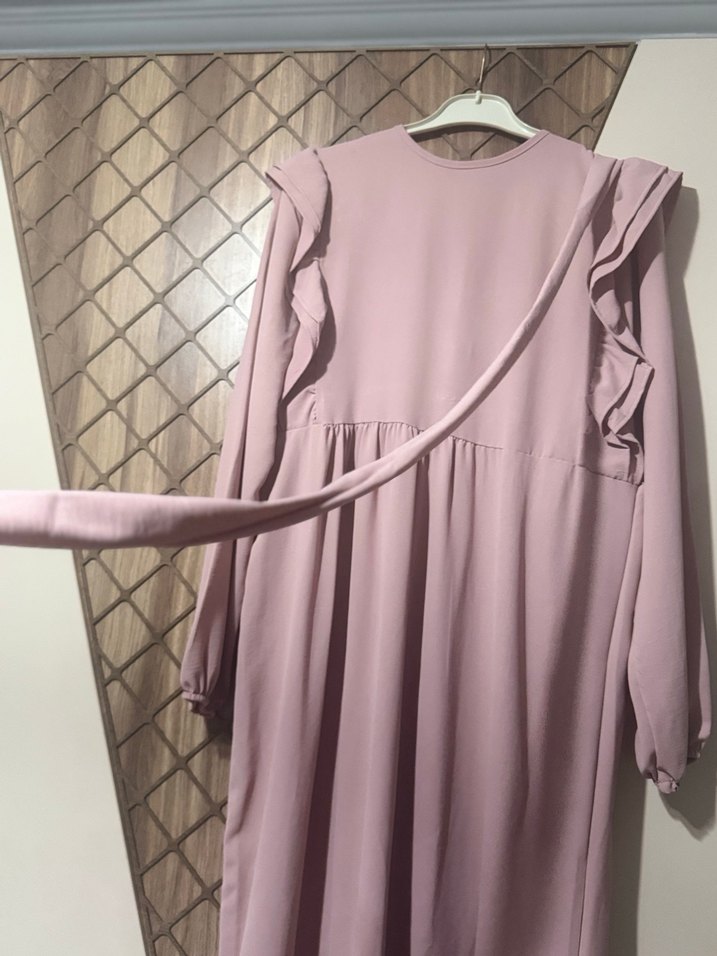 Pudra Uzun Kollu Fırfırlı Kadın Elbise - Görsel 5