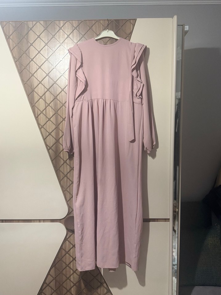 Pudra Uzun Kollu Fırfırlı Kadın Elbise - Görsel 3