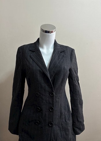 Çizgili Gri Keten Kadın Blazer
