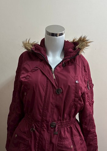 Bordo Tüylü Kapüşonlu Midi mont