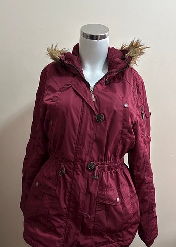 LC Waikiki Bordo Tüylü Kapüşonlu Midi mont