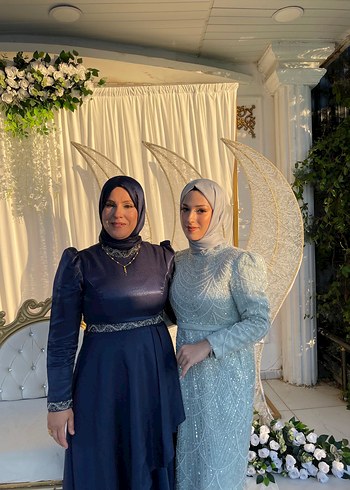 Uzun Kollu Drapeli Mavi Tesettür Abiye - Görsel 2