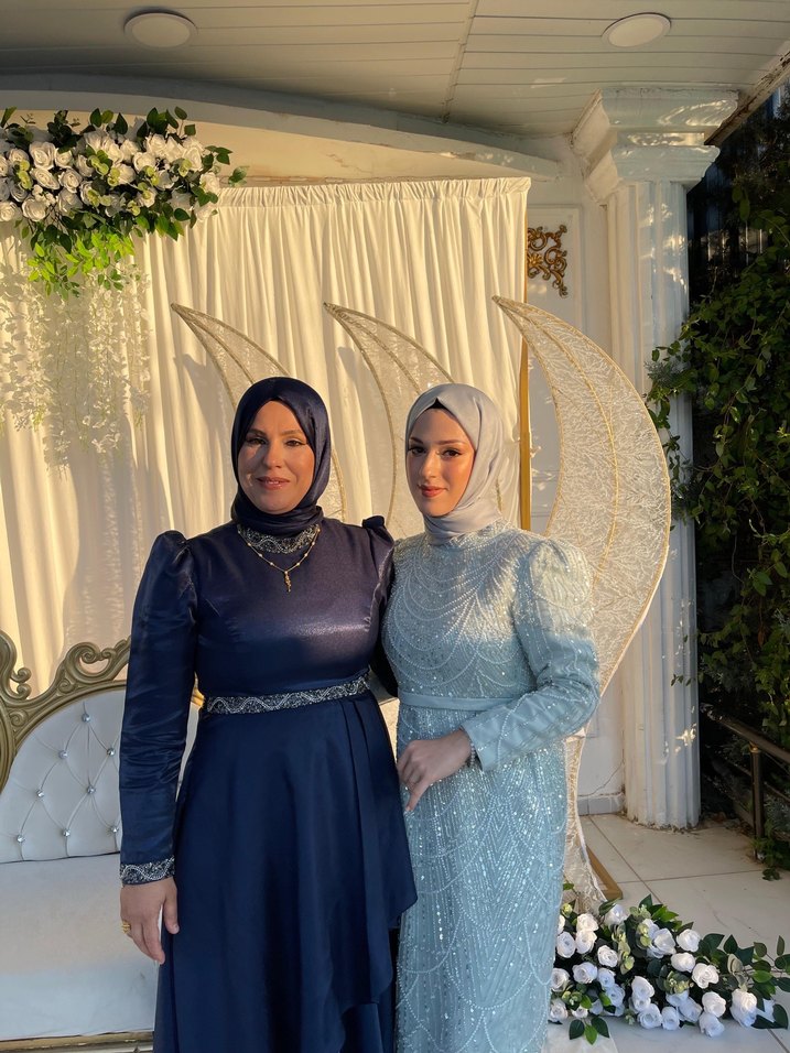 Uzun Kollu Drapeli Mavi Tesettür Abiye - Görsel 2