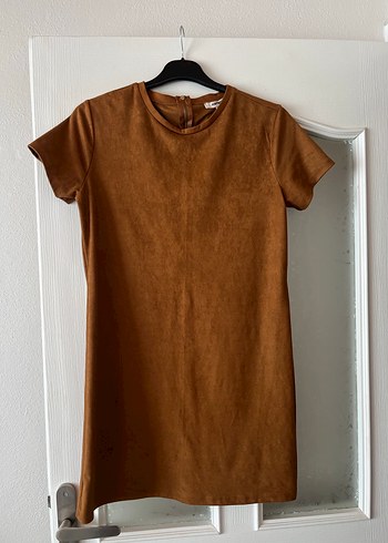 Kısa Kollu V Yaka Kahverengi Süet Elbise - Görsel 3