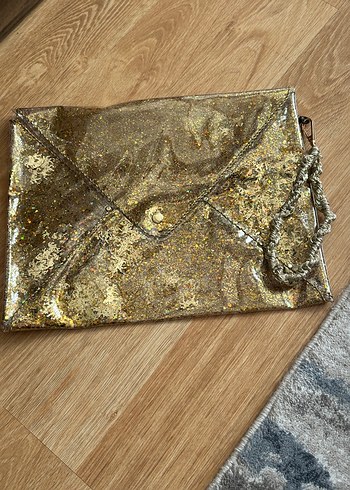 Beden Altın Rengi Parlak simli Kadın şeffaf Clutch