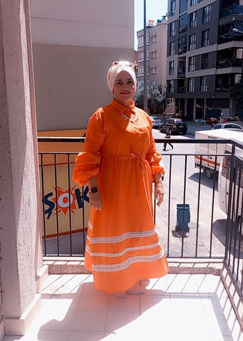 Turuncu Etnik Desenli Uzun Bohem Elbise