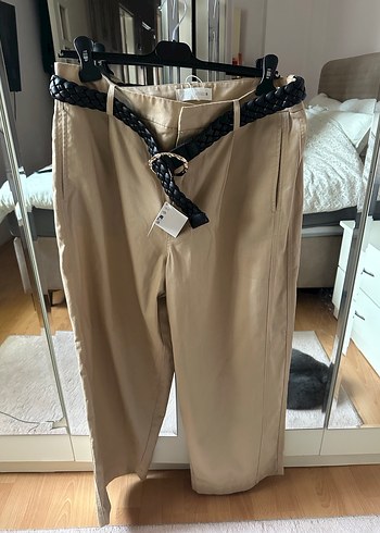 Bej örgü  Kemerli Kadın Pantolon - Görsel 5