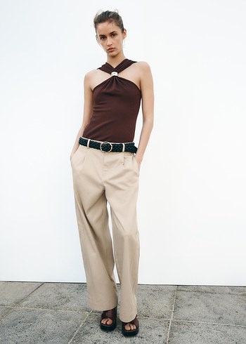 Bej örgü  Kemerli Kadın Pantolon - Görsel 3