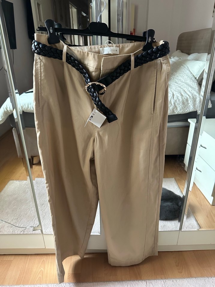 Bej örgü  Kemerli Kadın Pantolon - Görsel 5