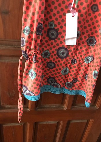 Turunculu desenli eteği dantel Sedef düymeli s beden mini elbise - Görsel 5