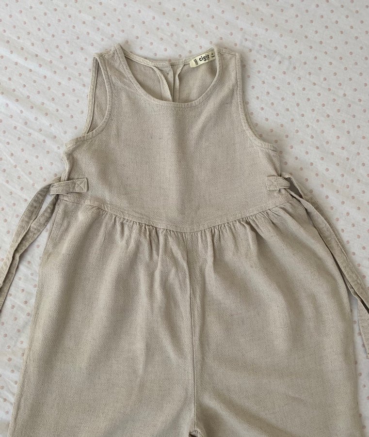 Kız Çocuk Keten Salaş Bej Tulum - Görsel 3