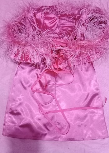 Pembe Tüylü Straplez Midi Elbise - Görsel 3