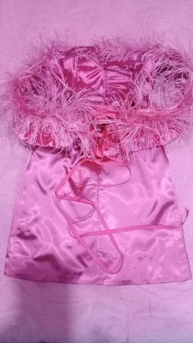 Pembe Tüylü Straplez Midi Elbise - Görsel 3