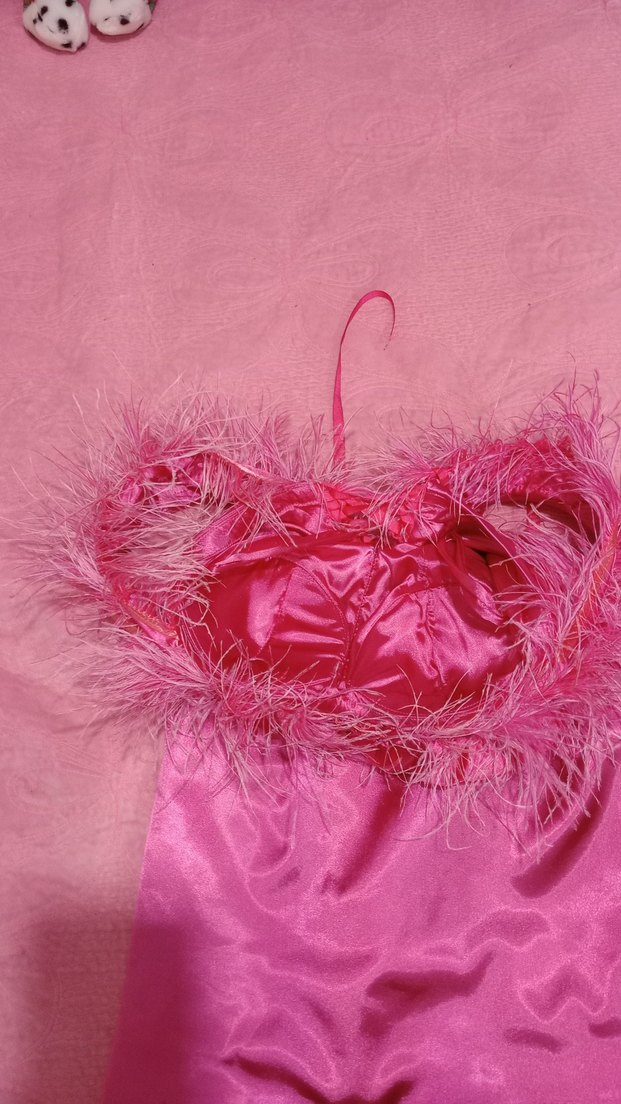 Pembe Tüylü Straplez Midi Elbise - Görsel 2