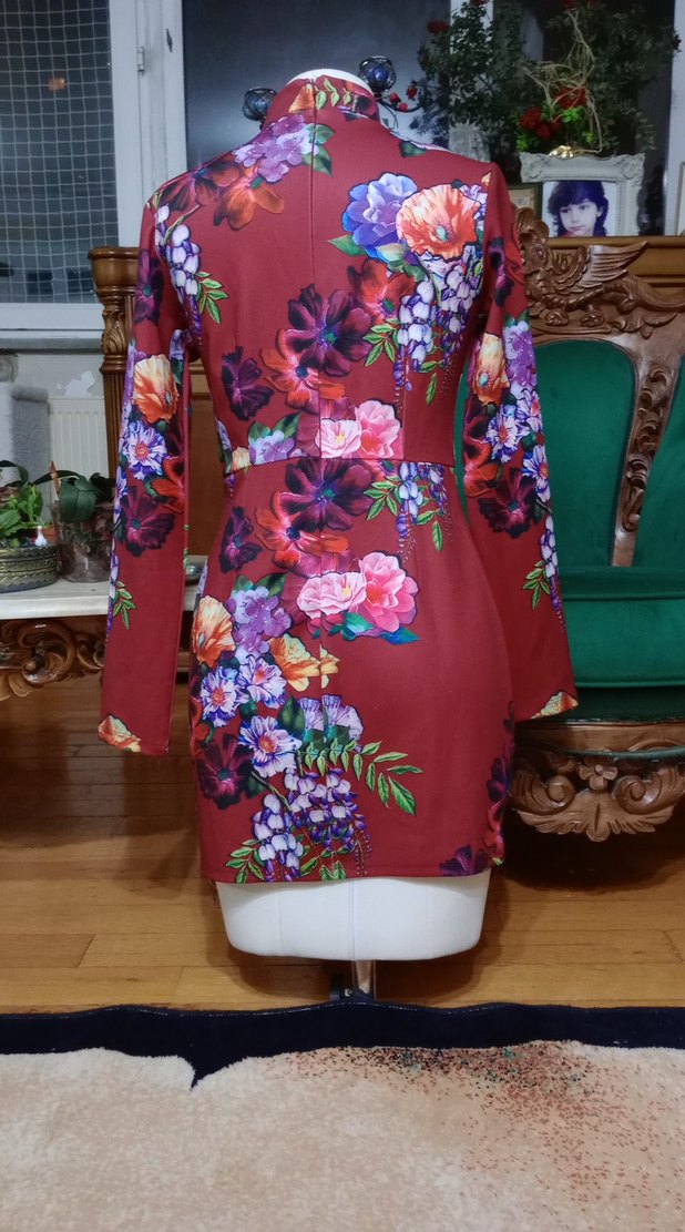 Bordo Çiçek Desenli Bohem Uzun Kollu elbise - Görsel 2